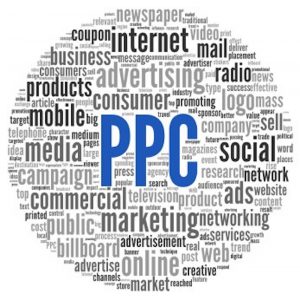 PPC and advertising concept in word tag cloud on white
